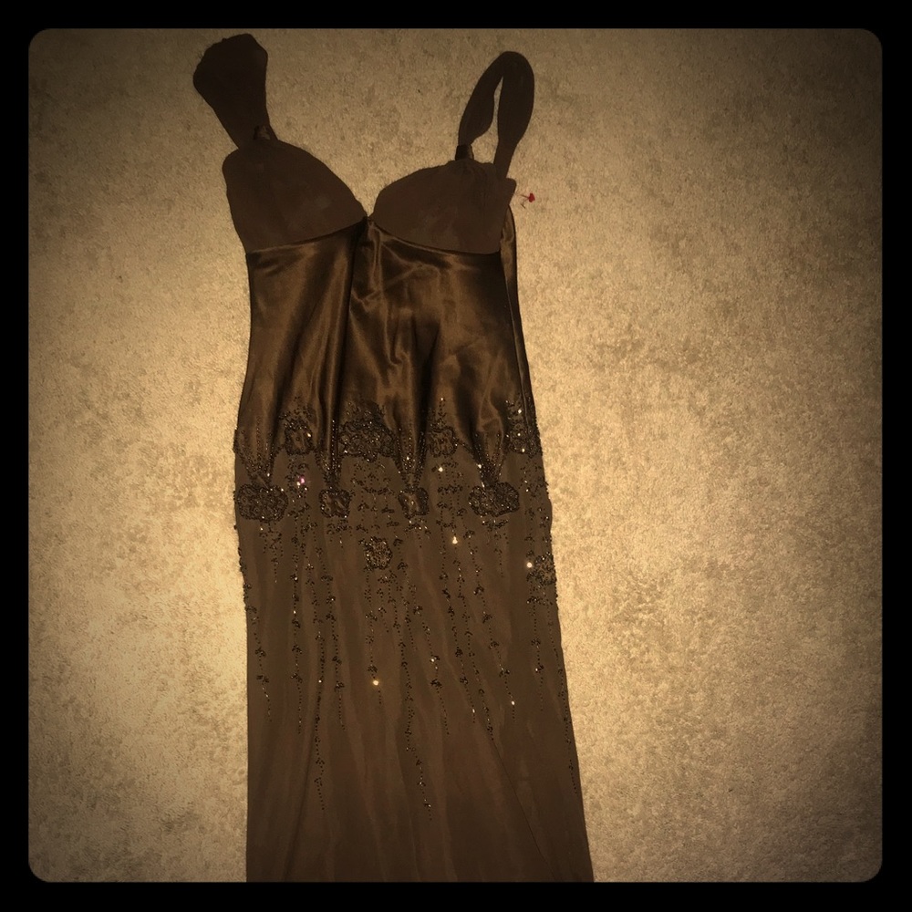 PROM DRESS BROWN, BEADED. GREAT DEAL.